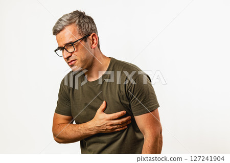 Man experiencing chest pain in serious health situation Man experiencing chest pain in serious health situation 127241904
