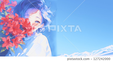 A woman admiring flowers. Watercolor. Illustration. 127242000