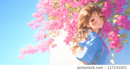 A woman admiring flowers. Watercolor. Illustration. 127242001