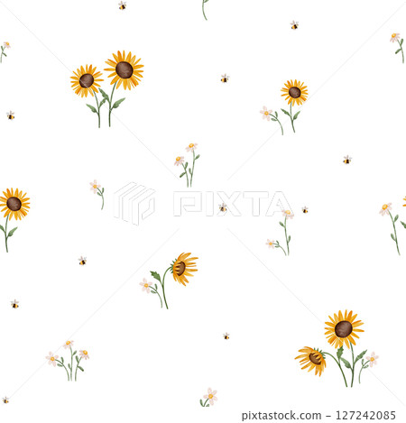 Seamless watercolor pattern with daisies, sunflowers, and bees. Hand-drawn floral and insect illustrations, perfect for children's textiles, nursery decor, and playful designs. Bright and cheerful. 127242085
