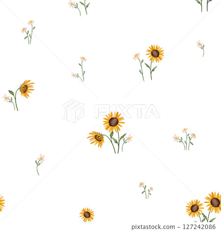 Seamless watercolor pattern with daisies, sunflowers, and bees. Hand-drawn floral and insect illustrations, perfect for children's textiles, nursery decor, and playful designs. Bright and cheerful. 127242086