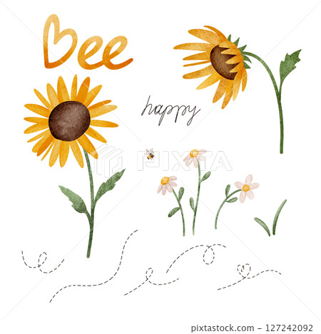 Set illustrations with white daisies and yellow orange sunflowers, bees, flight path. Hand lettering - bee and happy. Flowers chamomile. For positivity and sunshine children's designs 127242092