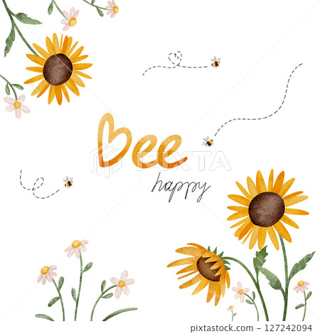 Cheerful Be Happy square postcard featuring watercolor illustrations flowers daisies and sunflowers, buzzing bees. For spreading positivity and sunshine. Bright, charming card with chamomiles. Cheerful Be Happy square postcard featuring watercolor illustrations flowers daisies and sunflowers, buzzing bees. For spreading positivity and sunshine. Bright, charming card with chamomiles. 127242094