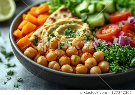 Plant based lunch box with hummus, roasted chickpeas, fresh veggie sticks and whole wheat pita bread on. Plant based lunch box with hummus, roasted chickpeas, fresh veggie sticks and whole wheat pita bread on. 127242365