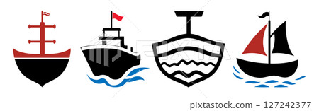 Collection of Simple Black and Red Boat Icons Perfect for Nautical Designs 127242377