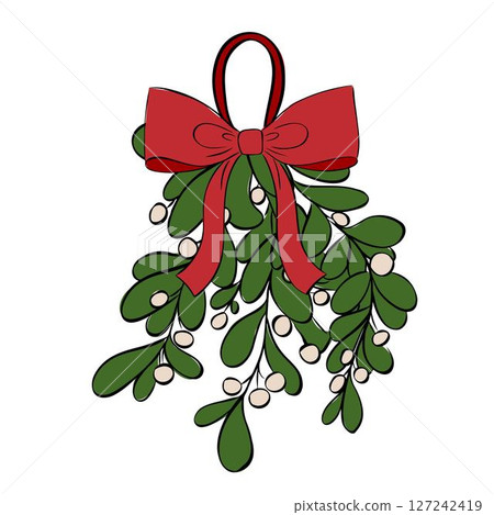 Omela, Holly, Mistletoe bunch with red ribbon composition isolated. Vector graphic line ink illustration. Christmas holiday objects collection. Xmas vector illustration for greeting card 127242419