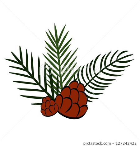 Pine tree branches with pine cones composition isolated. Vector graphic line ink illustration. Perfect for cards, decorations, stickers, logo, menu, various designs. 127242422