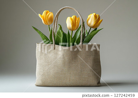 Reusable shopping bag made of fabric with a bouquet of yellow tulips on a white background. Reusable shopping bag made of fabric with a bouquet of yellow tulips on a white background. 127242459