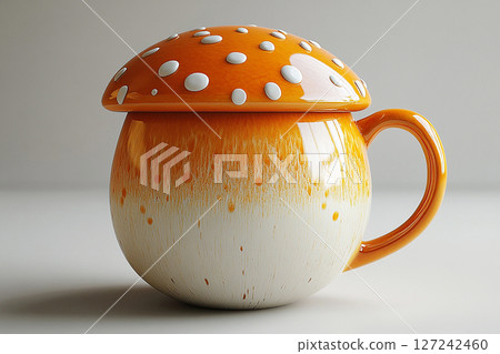 Ceramic cup with lid in shape of a orange mushroom in a rustic style on a white background. Ceramic cup with lid in shape of a orange mushroom in a rustic style on a white background. 127242460