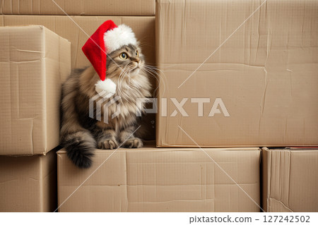christmas cat in santa hat in brown box on background with a place for text. christmas cat in santa hat in brown box on background with a place for text. 127242502