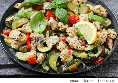 baked italian chicken and vegetables on a plate 127242539