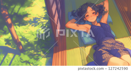 一位女子在陽台上休息。水彩畫。插圖。 127242590