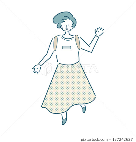 Vector illustration of a simple line drawing of a woman waving 127242627
