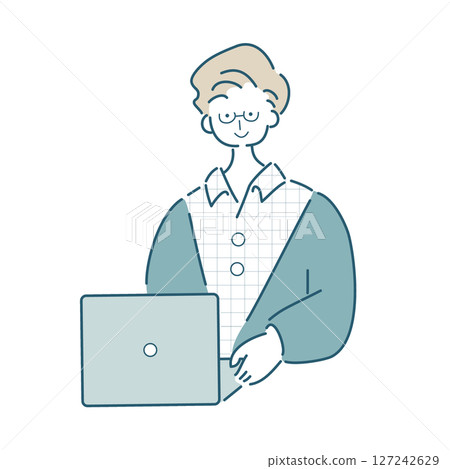 Simple line drawing vector illustration of a person working on a computer 127242629