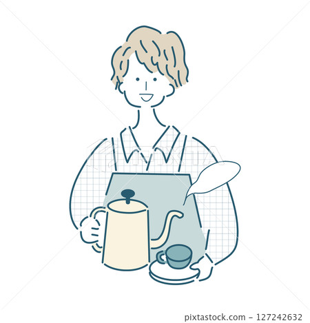 Simple line drawing vector illustration of a person making coffee 127242632