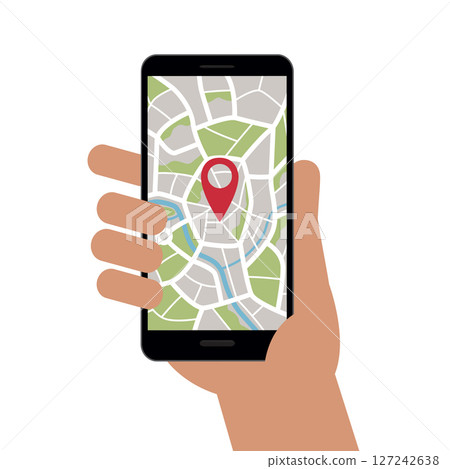 hand holding smartphone with street map application vector illustration 127242638