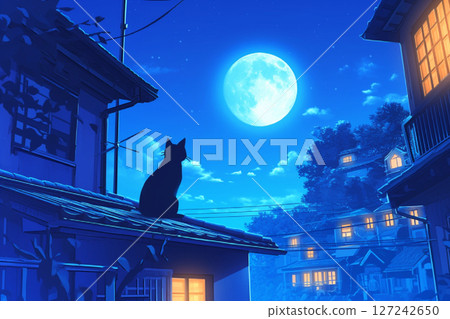 黑貓在屋頂上看滿月 黑貓在屋頂上看滿月 127242650