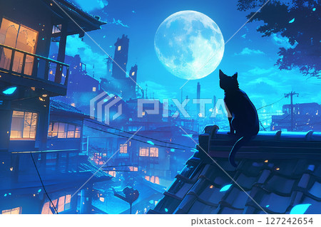 屋頂上看月亮的黑貓 127242654