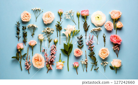 藍色背景下格外醒目的春天色彩花朵背景素材1 127242660