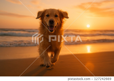 Golden retriever running on beach during sunset with ocean waves and warm orange sky in background 127242669