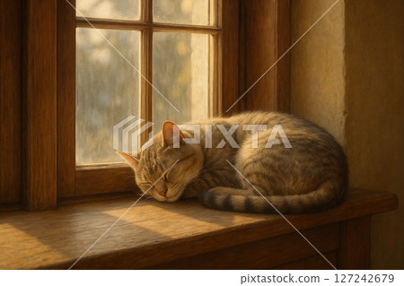 Tabby cat sleeping on wooden windowsill in warm sunlight inside cozy home interior 127242679