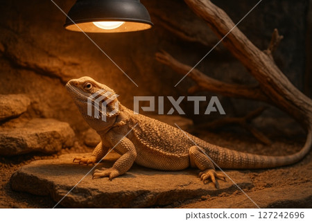 Bearded dragon lizard under heat lamp on rock in terrarium with sand and wood background 127242696