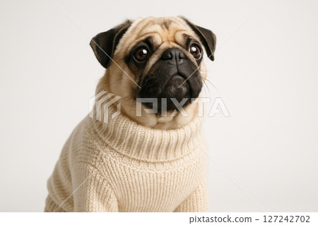 Pug in beige knitted sweater posing on neutral background, close-up studio portrait of dog in winter clothing 127242702