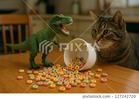 Tabby cat looking at toy dinosaur and spilled colorful cereal rings from white bowl on wooden kitchen table 127242720