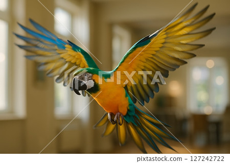 Blue and yellow macaw parrot flying indoors with wings spread wide in natural light 127242722