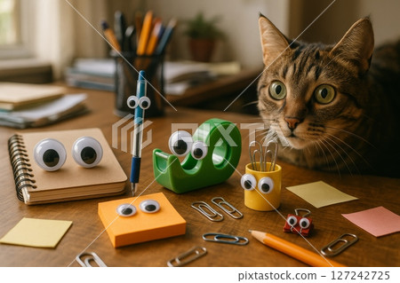 Tabby cat looking at desk with stationery decorated with googly eyes, creative workspace and office supplies humor concept 127242725