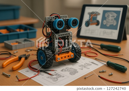 DIY robot assembly with electronic parts, tools, and instructions on wooden table in educational robotics workshop 127242740