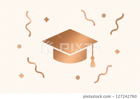 Golden graduation cap icon with abstract decorative elements on white background, education and celebration concept, invitation card 127242760