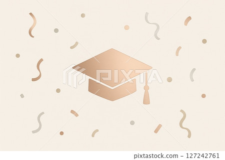 Graduation cap icon with metallic confetti on beige background, minimal flat design for celebration or invitation 127242761
