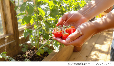 Freshly picked cherry tomatoes from a home garden 127242762