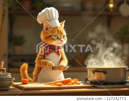 A kitten cooking with a chef's hat and a knife 127242773