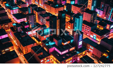 A fantastical bird's-eye view of a neon-lit city at night 127242775