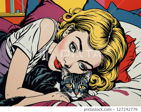 A relaxing illustration of a woman and a cat drawn in pop art style 127242776