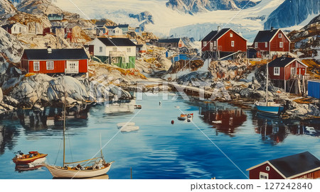 Northern landscape with snow capped mountains and small red houses Northern landscape with snow capped mountains and small red houses 127242840