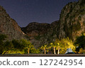 Starry Night Over Mountain Canyon Campsite with Palm Trees 127242954