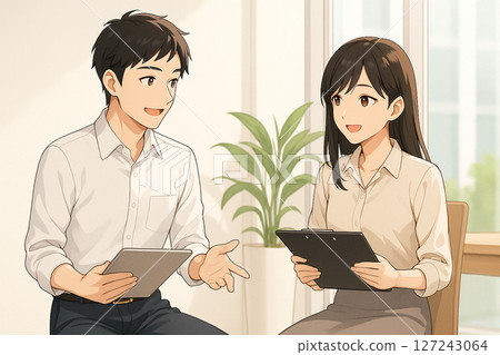 辦公室休閒裝的年輕員工（男女一對） 127243064