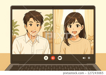 Men and women having an online meeting (smiling through a PC) 127243065