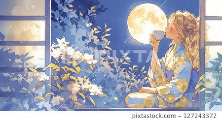 月光下休息的女子。水彩畫。插圖。 127243372