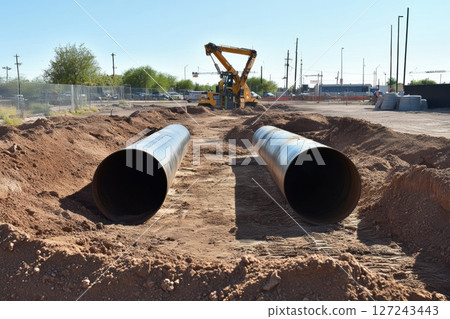 Construction work for replacement of engineering pipes. Workers installing an underground pipe on city street. Repair, laying water pipes or replacing sewer pipes Installation of plumbing, sanitation Construction work for replacement of engineering pipes. Workers installing an underground pipe on city street. Repair, laying water pipes or replacing sewer pipes Installation of plumbing, sanitation 127243443