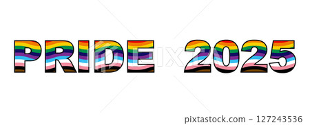 Pride 2025 Logo text, rainbow Flag LGBTQIA+ Wavy Banner. Equality, Inclusivity. Gay Pride template with LGBT Flag sign. Pride Month. Colorful design element isolated on white background 127243536