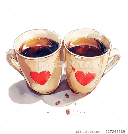 Warm coffee cups with heart designs on a cozy table setting 127243589