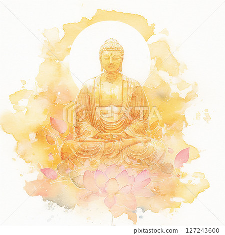 Buddha statue surrounded by soft pastel colors and lotus flowers in spiritual ambiance 127243600