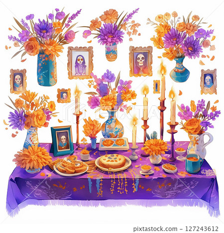 Colorful altar display with flowers, candles, and pastries during celebration of life in a cultural setting 127243612