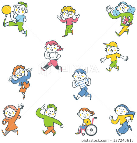 一組全球大批小學生精力充沛地行走的庫存插圖素材 127243613