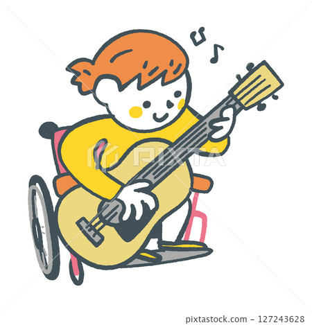 Girl in a wheelchair playing guitar stock illustration 127243628