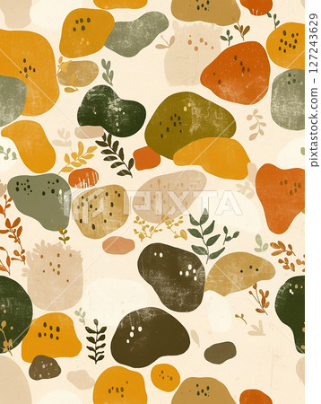 Abstract design featuring colorful stones and leaves in earthy tones for artistic expression 127243629